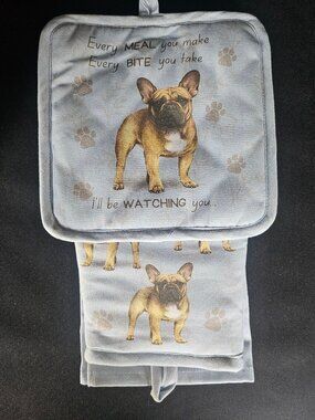 E & S Pets 3 Piece Kitchen Set French Bulldog Design NWT Tow Oven Mitt & Holder